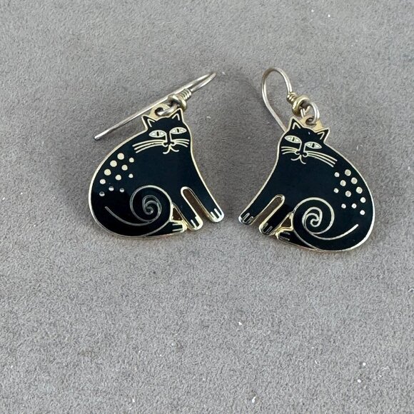 Vintage Laurel Burch Black Enameled KESHIRE CATS Pierced  French Wires Earring - Picture 5 of 7